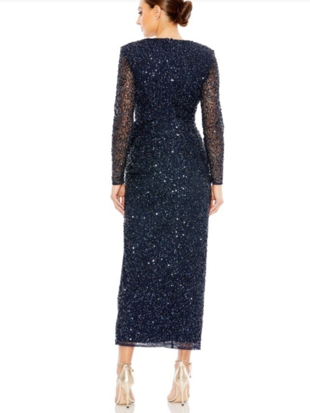 Mac Duggal Size 2 Navy 10558 Sequined Wrap Bow Cocktail Midi Long Sleeve Dress - Picture 3 of 12